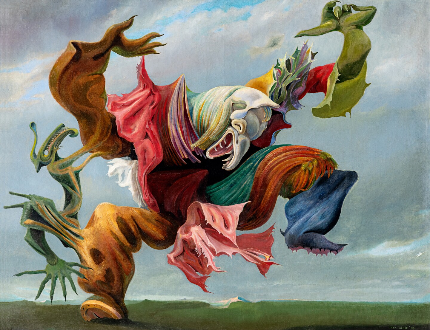 Max Ernst (1891–1976), Der Hausengel (Der Triumph des Surrealismus), 1937, Öl auf Leinwand, 114,2 x 146,5 cm, Collection Hersaint © Vincent Everarts Photography Brussels / VG Bild-Kunst, Bonn 2024