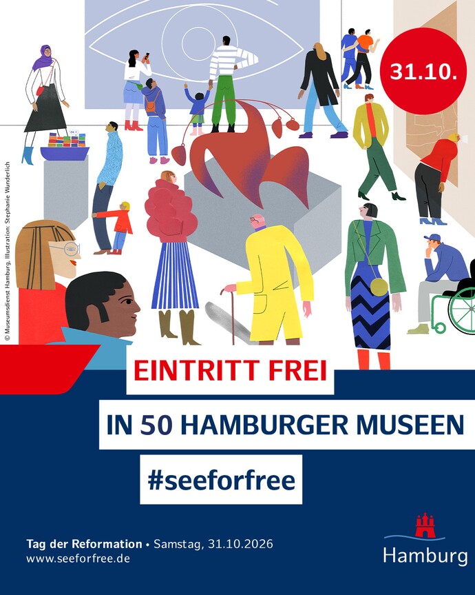 Werbegrafik für freien Eintritt in 50 Hamburger Museen am 31. Oktober, mit illustrierten Personen in einem Museum