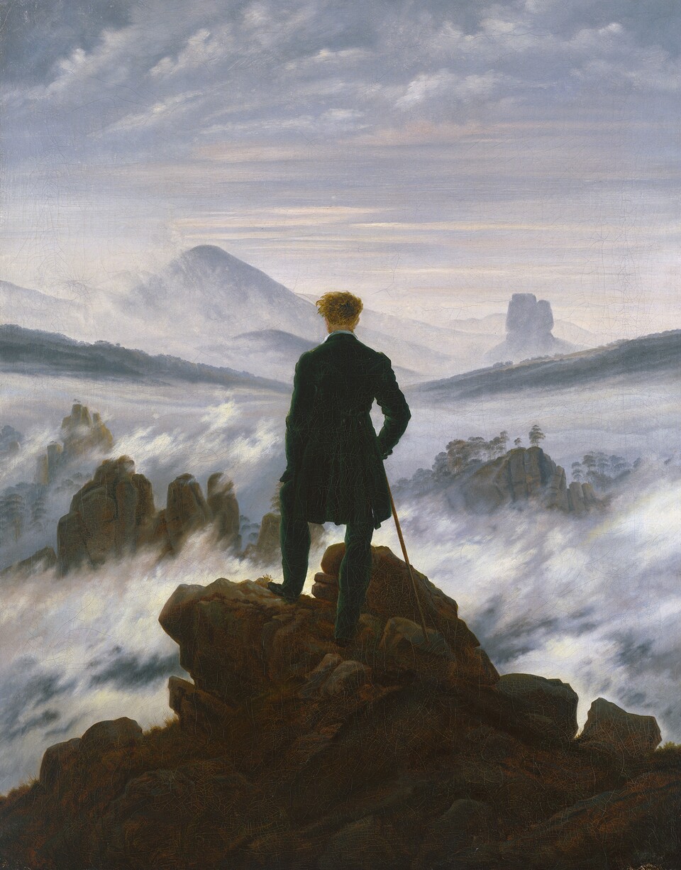 Caspar David Friedrich, Wanderer über dem Nebelmeer, um 1817, Öl auf Leinwand 94,8 cm x 74,8 cm, SHK / Hamburger Kunsthalle / bpk, Foto: Elke Walford Caspar David Friedrich, Wanderer über dem Nebelmeer, um 1817, Öl auf Leinwand 94,8 cm x 74,8 cm, SHK / Hamburger Kunsthalle / bpk, Foto: Elke Walford