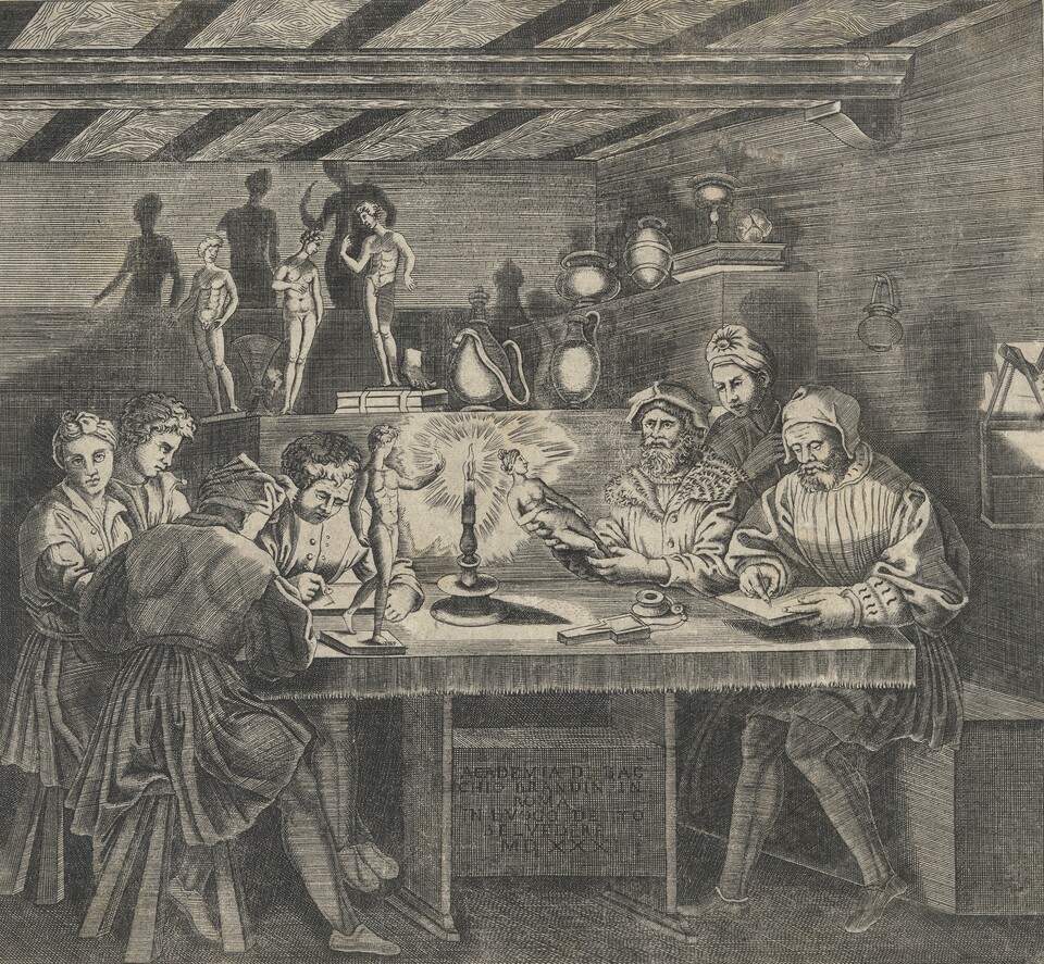 Marco Dente, Stecher, (1493–1560) Die Akademie des Baccio Bandinelli, nach 1531, Hamburger Kunsthalle, Kupferstichkabinett © Hamburger Kunsthalle / bpk Foto: Christoph Irrgang