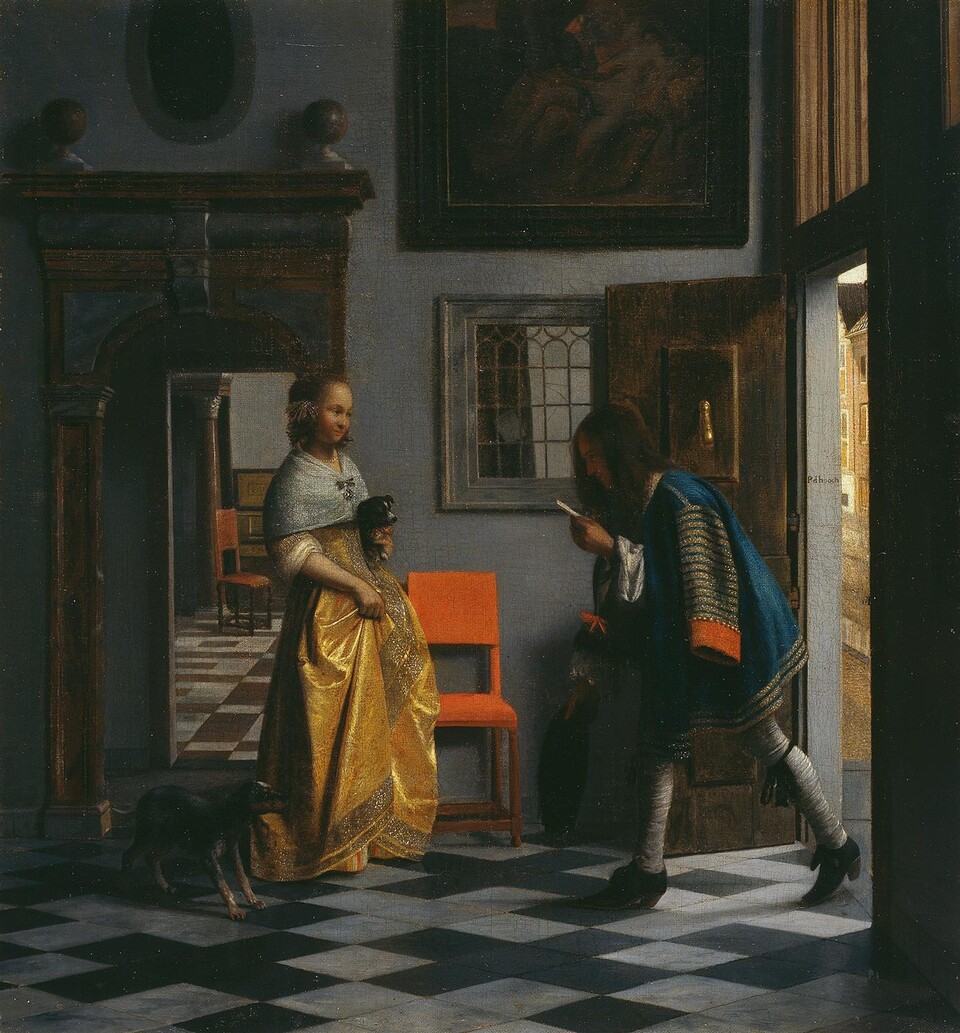 Pieter de Hooch (1629 - 1684) Der Liebesbote, um 1670 Öl auf Leinwand, auf Holz aufgezogen 57cm x 53cm © Hamburger Kunsthalle / bpk Foto: Elke Walford
