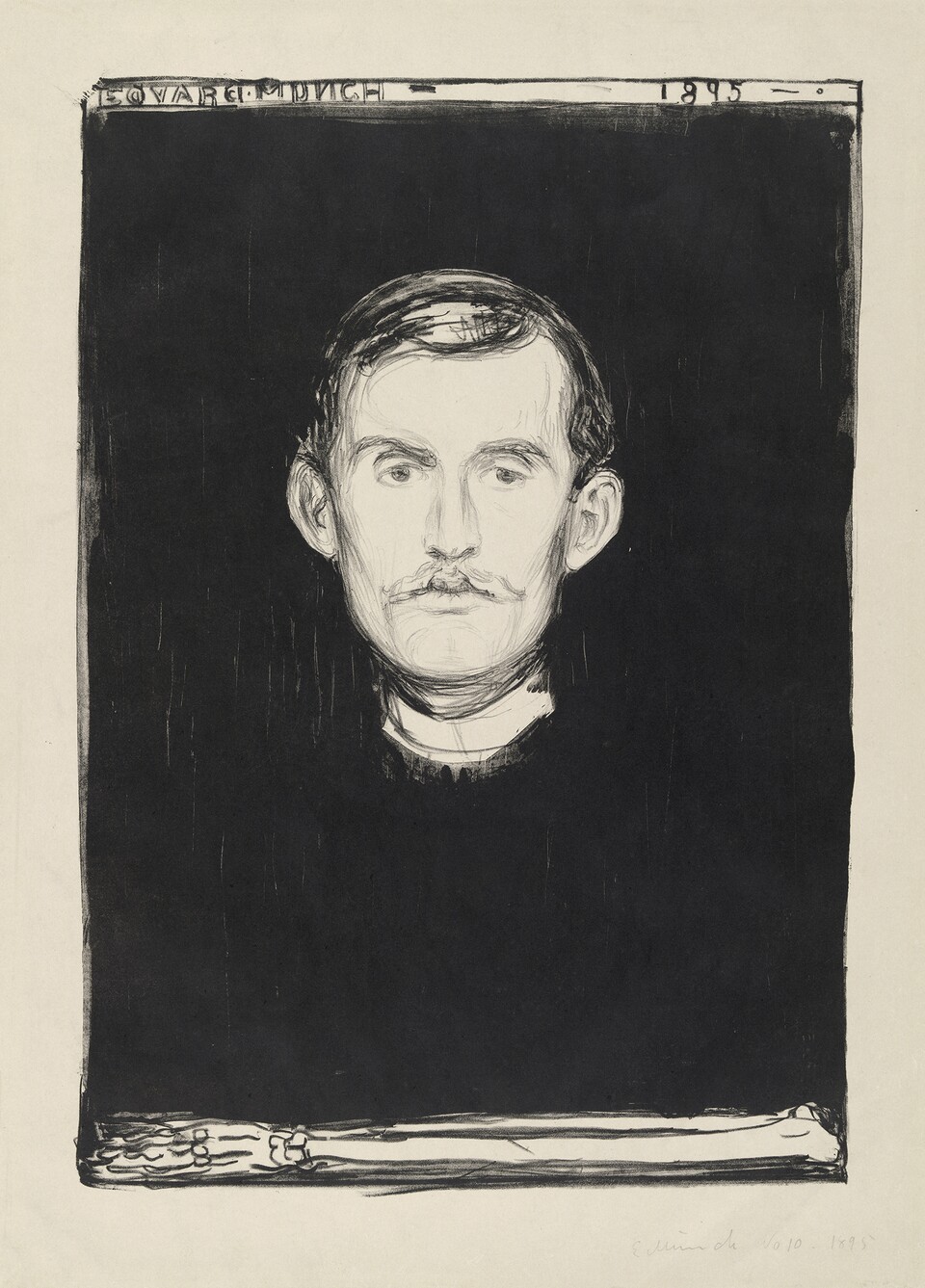 Edvard Munch (1863-1944) Selbstporträt, 1895 Kreide- und Pinsellithografie und Schaber, Bild 455 x 320 mm / Blatt 530 x 384 mm WVZ-Nr. Woll G 37 a.II Hamburger Kunsthalle, Kupferstichkabinett © Hamburger Kunsthalle / bpk Foto: Christoph Irrgang Edvard Munch (1863-1944) Selbstporträt, 1895 Kreide- und Pinsellithografie und Schaber, Bild 455 x 320 mm / Blatt 530 x 384 mm WVZ-Nr. Woll G 37 a.II Hamburger Kunsthalle, Kupferstichkabinett © Hamburger Kunsthalle / bpk Foto: Christoph Irrgang