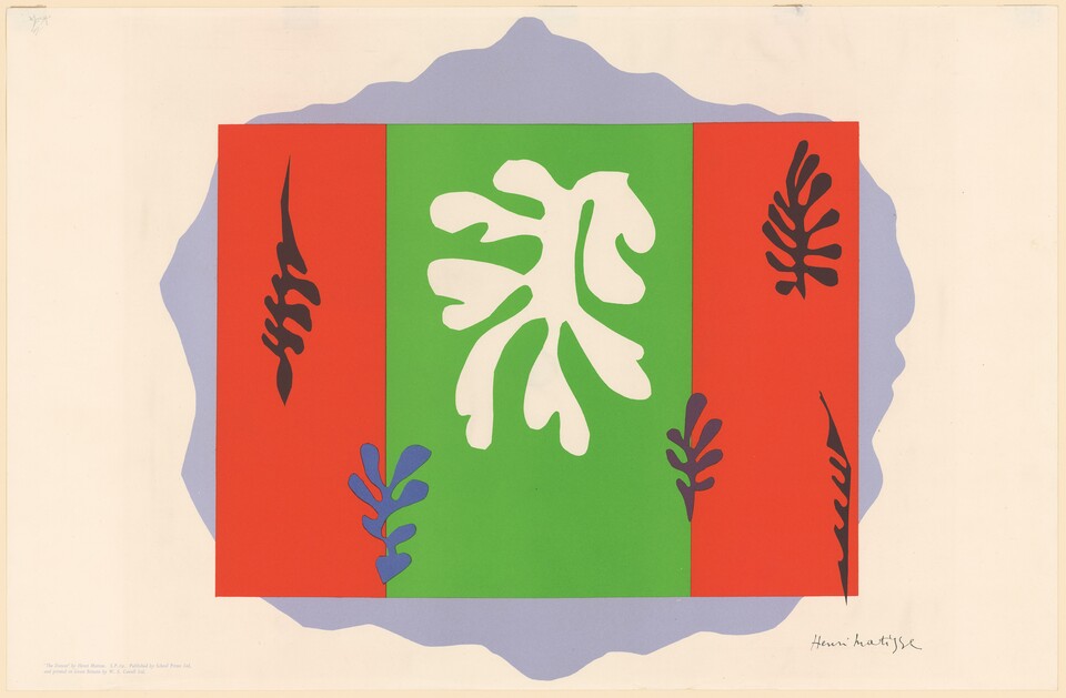 Dekorative Lithographie mit rotem Rahmen und grünem Blattmotiv auf pastellfarbenem Hintergrund vom Künstler Henri Matisse aus dem Jahr 1950