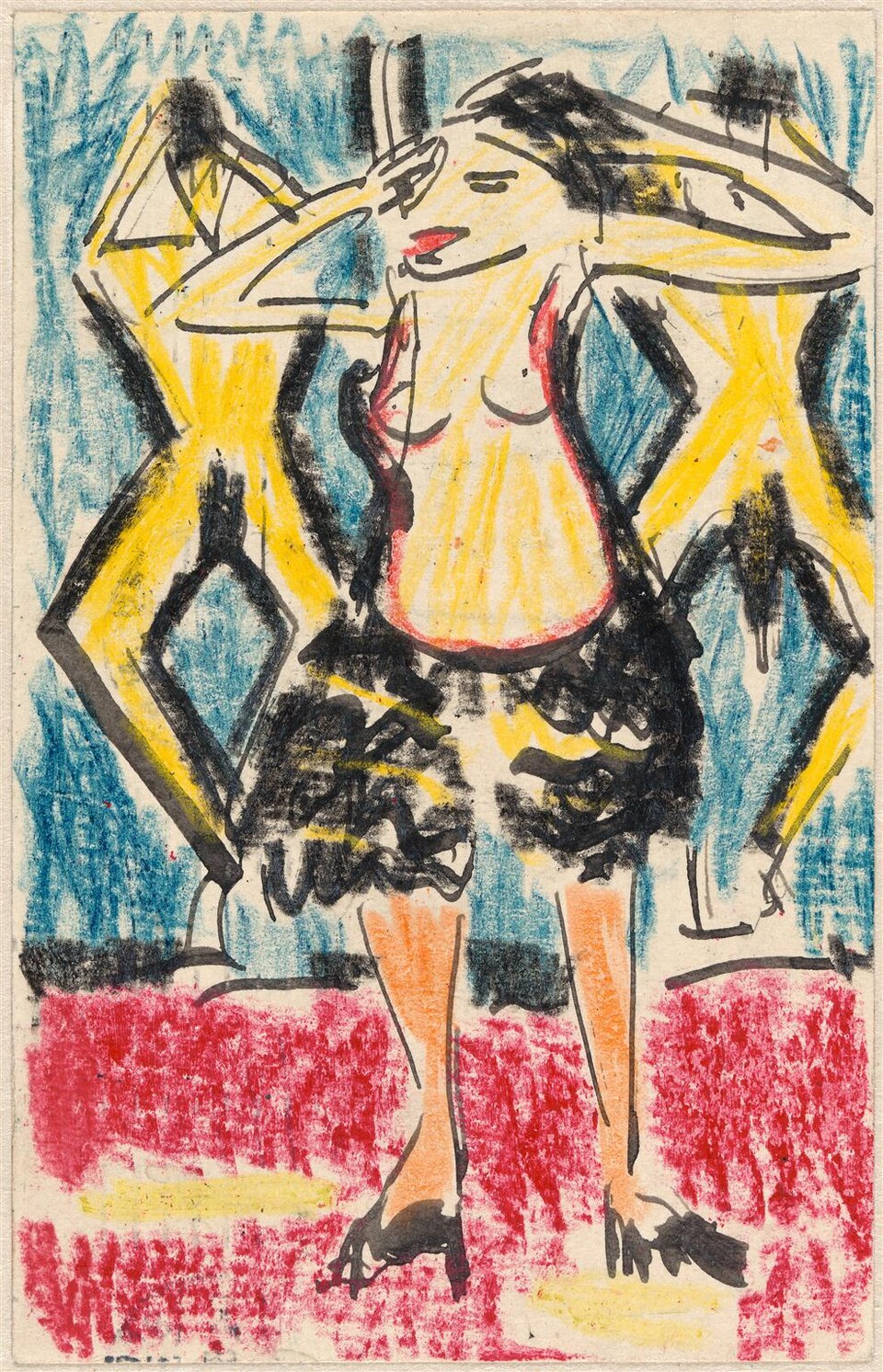 Barbusige, tanzende Frau in schwarzem Rock auf Rotem Grund vor, zwei nackten Tanzenden im Hintergrund, Illustration im expressionistischen-Stil von