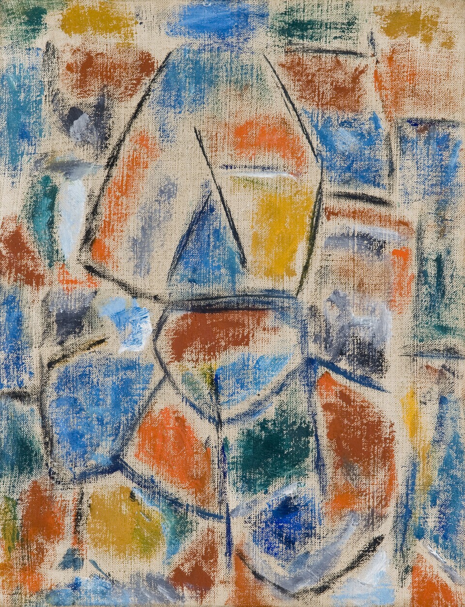Abstraktes Gemälde mit geometrischen Formen in Blau, Orange, Gelb und Weiß