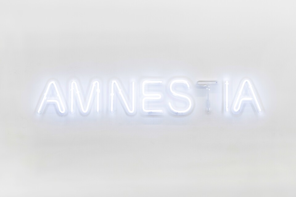 Weißer Text "AMNESIA" auf hellgrauem Hintergrund