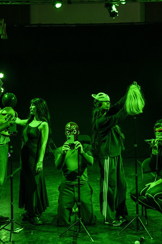 Performance- Foto von Raja Feather Kelly | the feath3r theory DOOMERS, 2026, Live-Auftritt in grünem Bühnenlicht