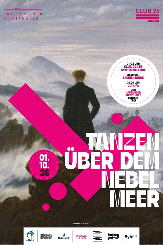Plakat mit dem Wanderer über dem Nebelmeererson, pinkes Grafik-Overlay mit Text "TANZEN ÜBER DEM MEER"