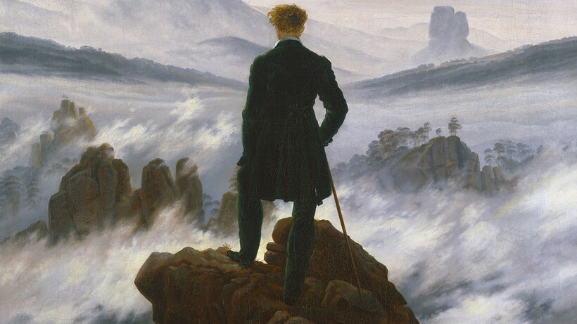 Caspar David Friedrich (1774–1840) Wanderer über dem Nebelmeer, um 1817 Öl auf Leinwand, 94,8 x 74,8 cm Dauerleihgabe der Stiftung Ham¬burger Kunstsammlungen © SHK / Hamburger Kunsthalle / bpk Foto: Elke Walford