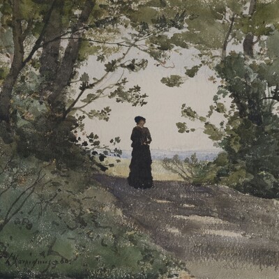 Henri Joseph Harpignies (1819-1916) Frau auf einem Waldweg (Detail), 1880   Aquarell, 280 x 400 mm Sammlung Wormsbächer, Hamburg © Foto: Christoph Irrgang, Hamburg