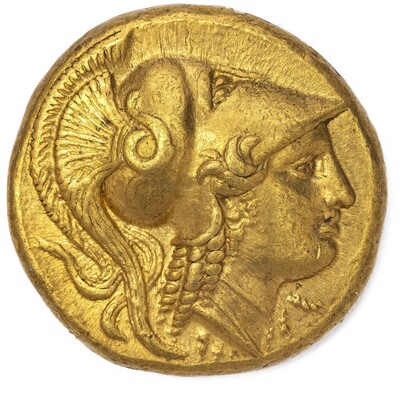 Antike goldene Münze mit Profilporträt und Lorbeerkranz