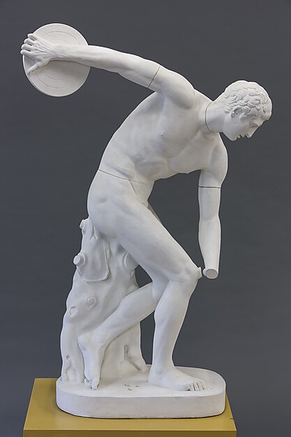 Antiker Diskuswerfer, Gipsabguss nach Diskobol des Myron, Original um 460 v. Chr., römische Kopie 117–138 n. Chr., 2. Hälfte 19. Jh.