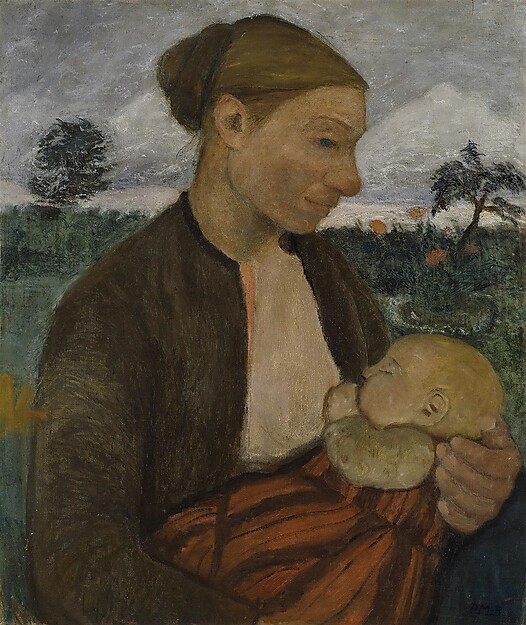 Gemälde einer Mutter mit Säugling im Arm vor ländlicher Landschaft um 1903
