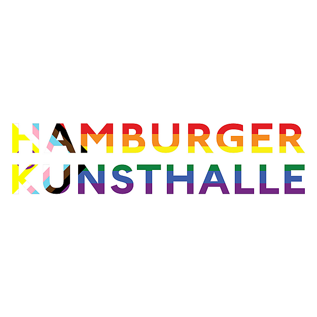 Logo der Hamburger Kunsthalle mit bunten Buchstaben der Progressive Pride Flag