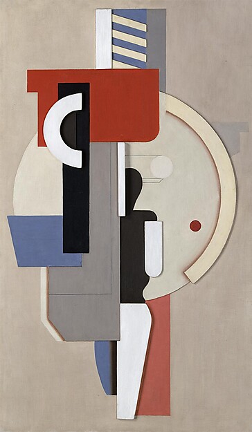 Abstraktes geometrisches, hochformatiges Gemälde mit Kreisen, Rechtecken und Linien in Rot, Blau und Schwarz von Willi Baumeister