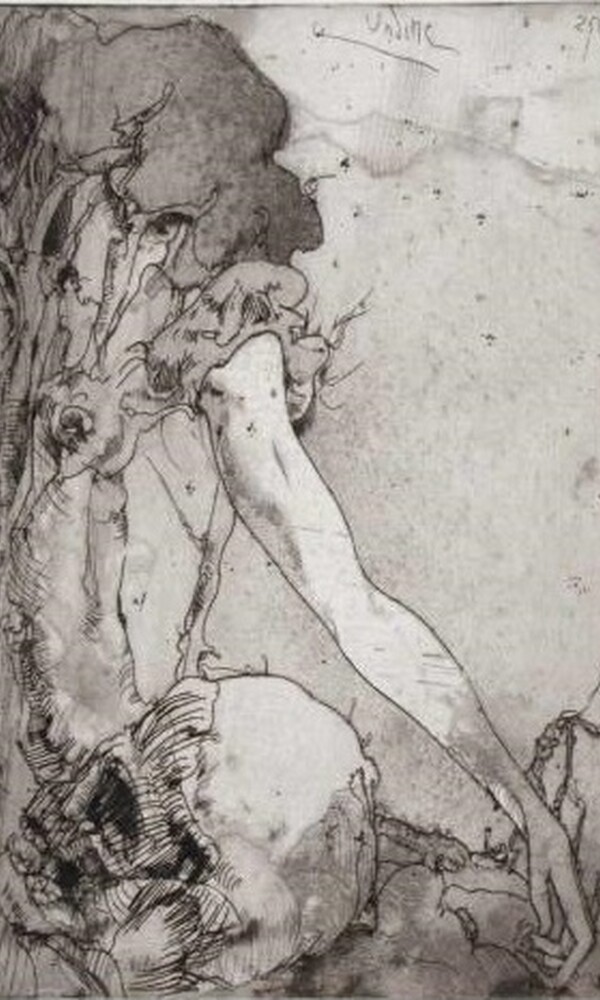 Horst Janssen (1929-1995), Undine, 1973,  Strichätzung, Flächenätzung, Kaltnadel auf Kupferplatte in Schwarz und Grau, Hamburger Kunsthalle © VG Bild-Kunst, Bonn